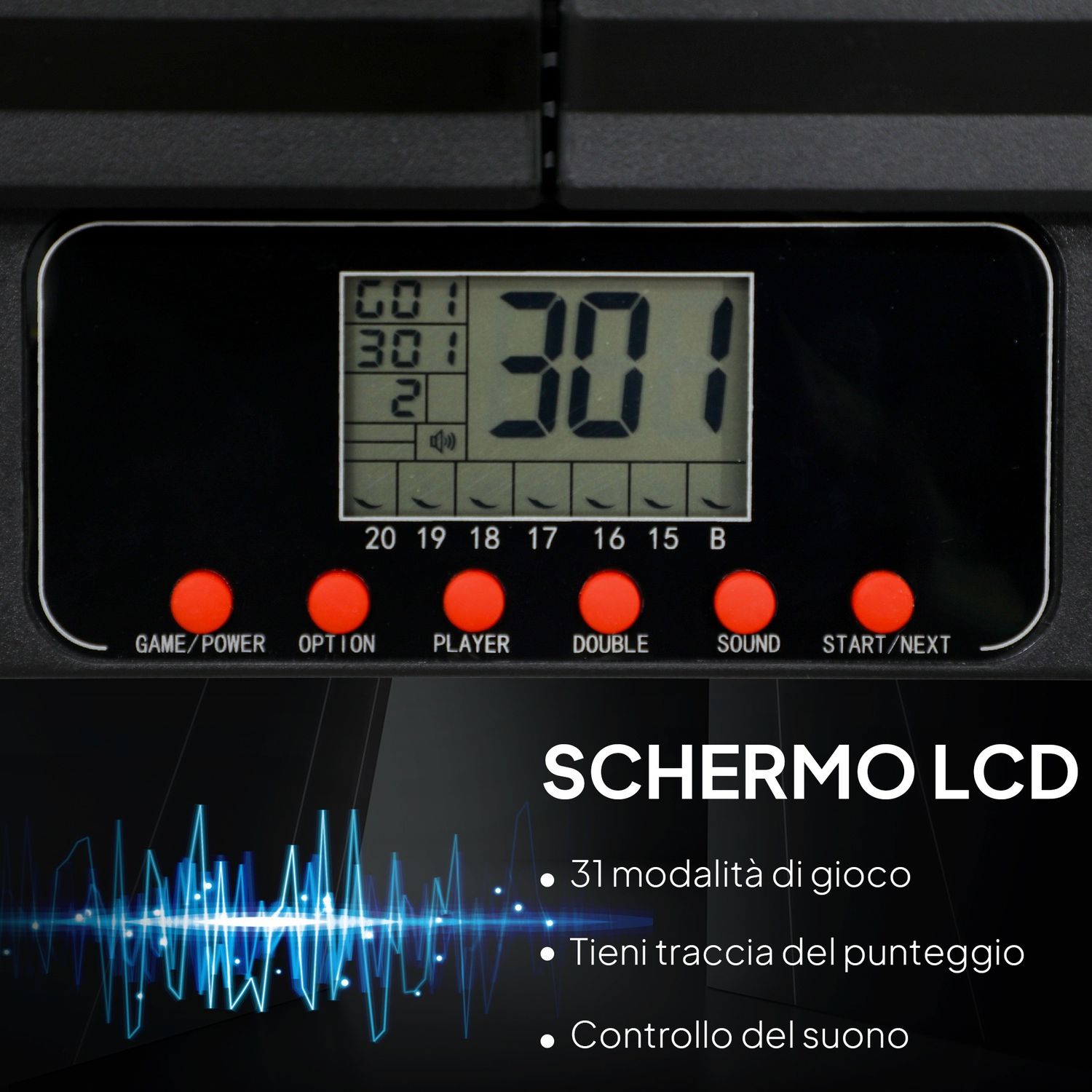 Bersaglio freccette elettronico con 6 freccette e monitor lcd per 31 giochi, 83x45x4 cm, nero e blu - 