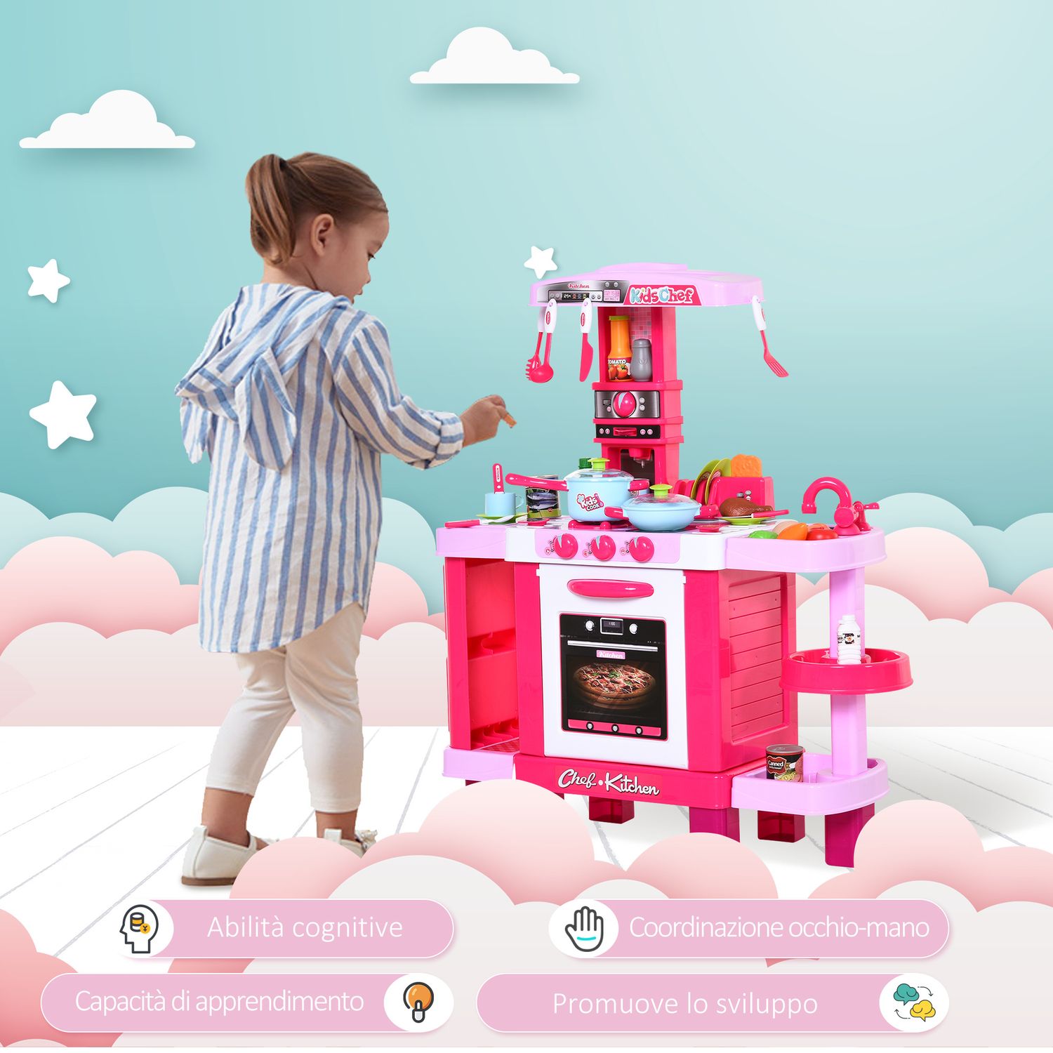 Cucina giocattolo per bambini con 38 accessori inclusi, con luci e suoni realistici, 78x29x87 cm, rosa - 