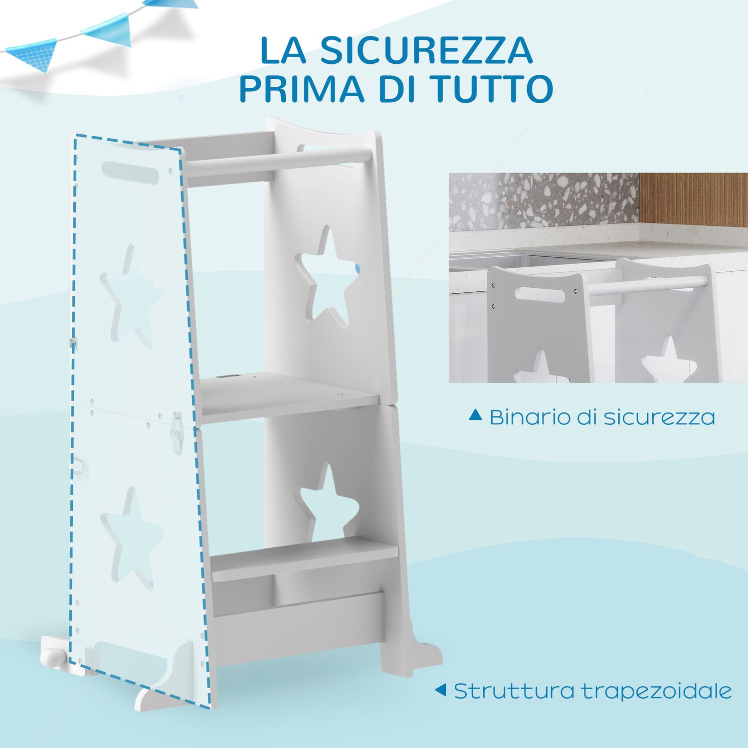 Scala montessori convertibile in set tavolo e sedie con barra di sicurezza, in legno, 60x44.5x86 cm, bianco - 