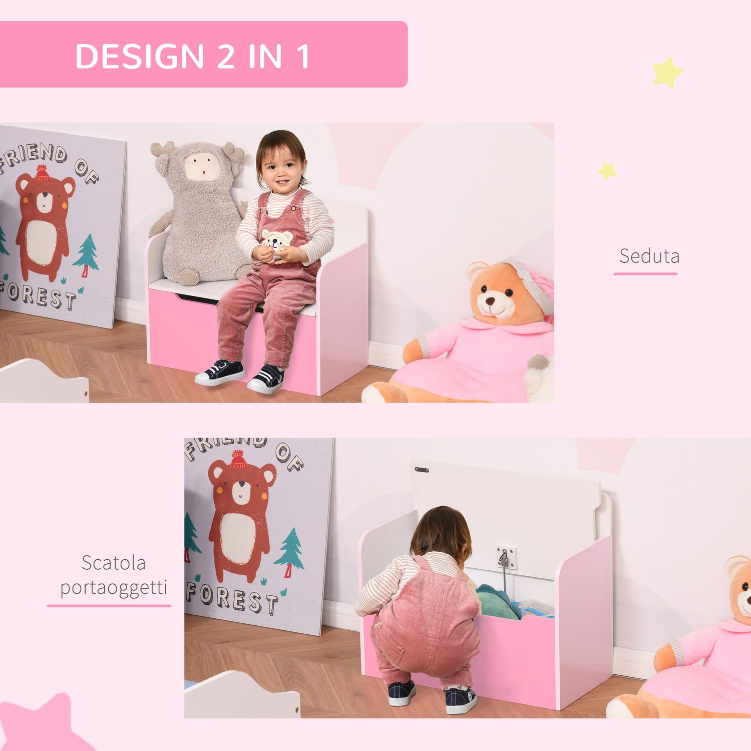 Panca contenitore con schienale in legno per bambini da 3-6 anni, 60x30x50 cm, rosa - 
