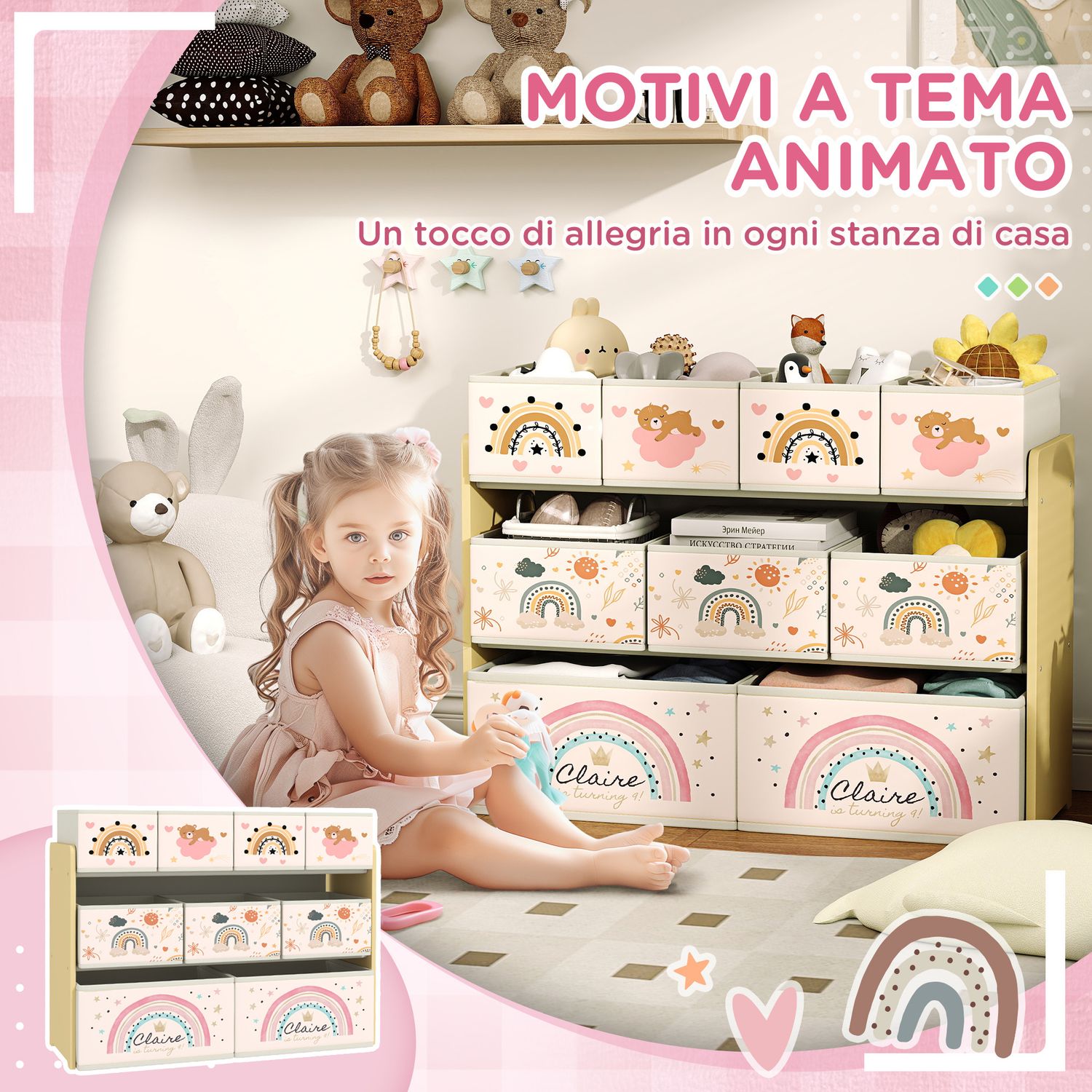 Mobile portagiochi per bambini a 3 livelli con 9 contenitori in tessuto, 93x30x70 cm, giallo - 