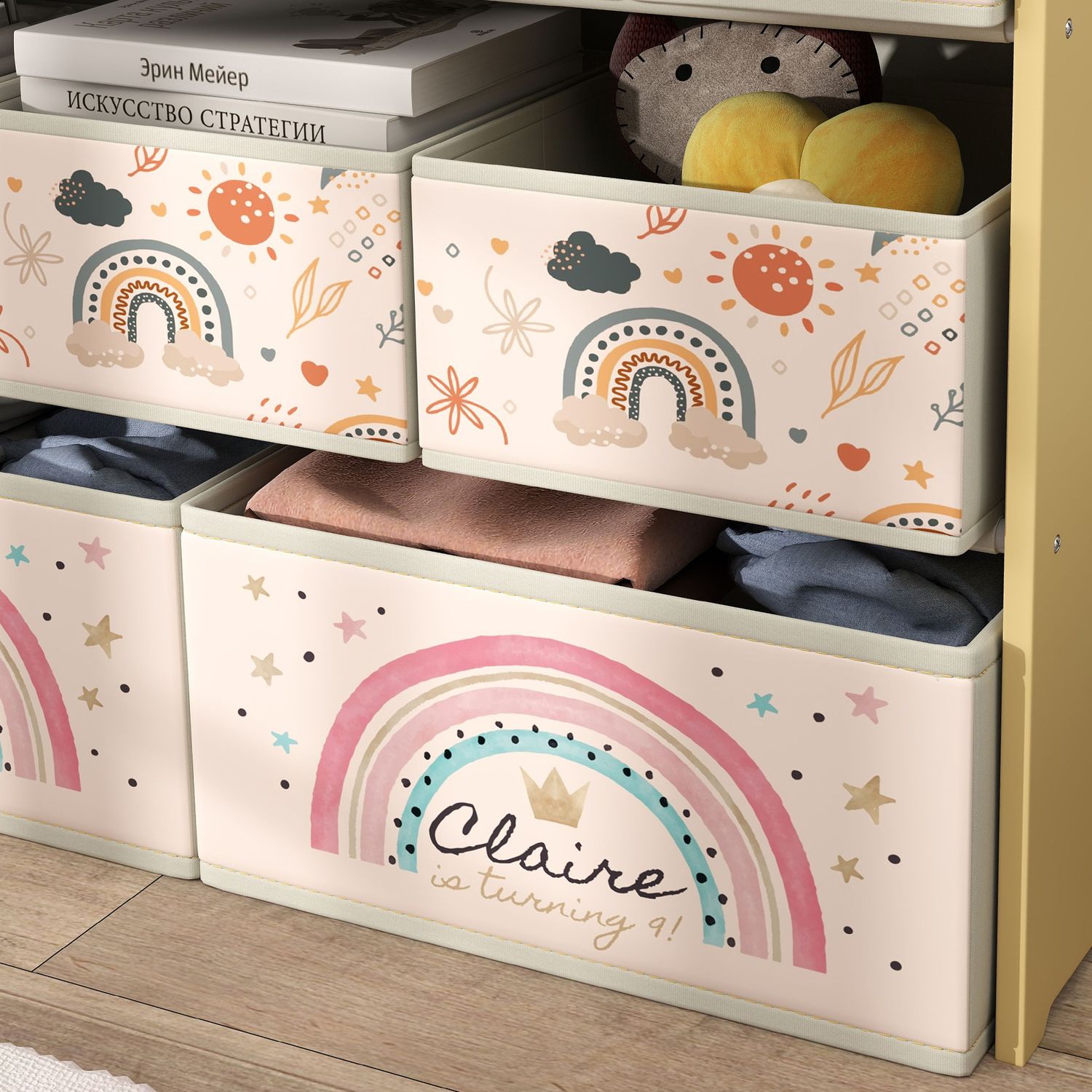 Mobile portagiochi per bambini a 3 livelli con 9 contenitori in tessuto, 93x30x70 cm, giallo - 