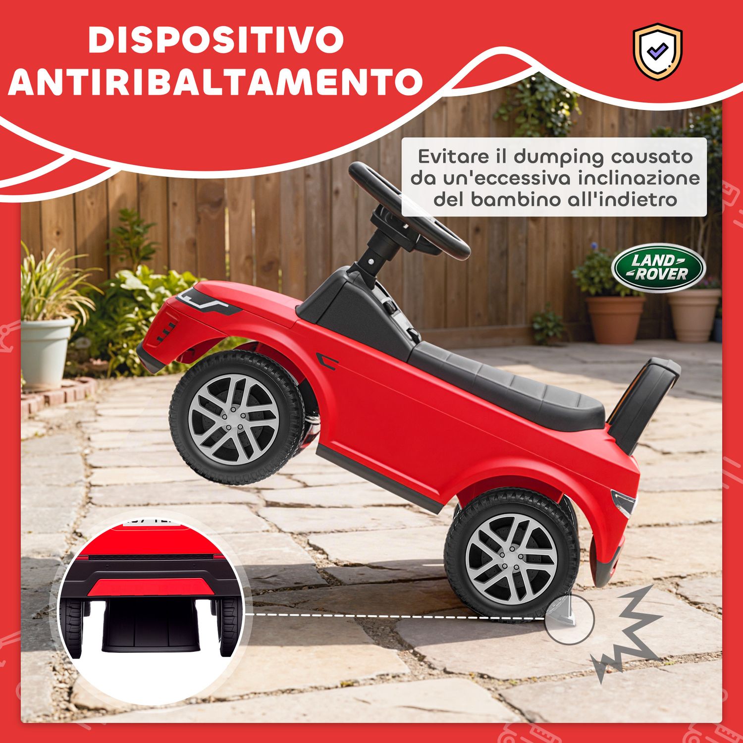 Macchina per bambini licenza land rover con clacson e spazio portaoggetti, 65.5x28x42 cm, rosso - 