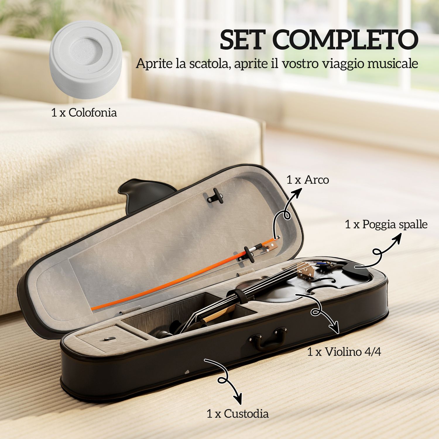 Violino 4/4 in legno di abete e acero con custodia, arco, spalliera e pece, nero - 