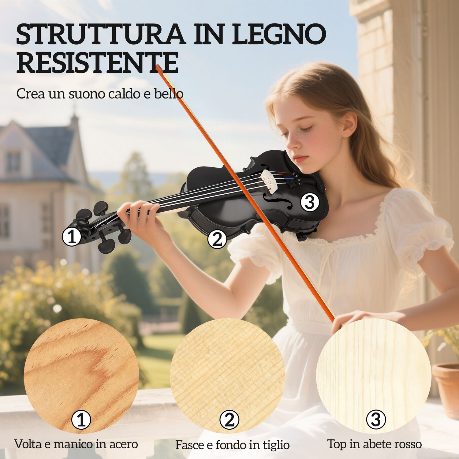 Violino 4/4 in legno di abete e acero con custodia, arco, spalliera e pece, nero - 