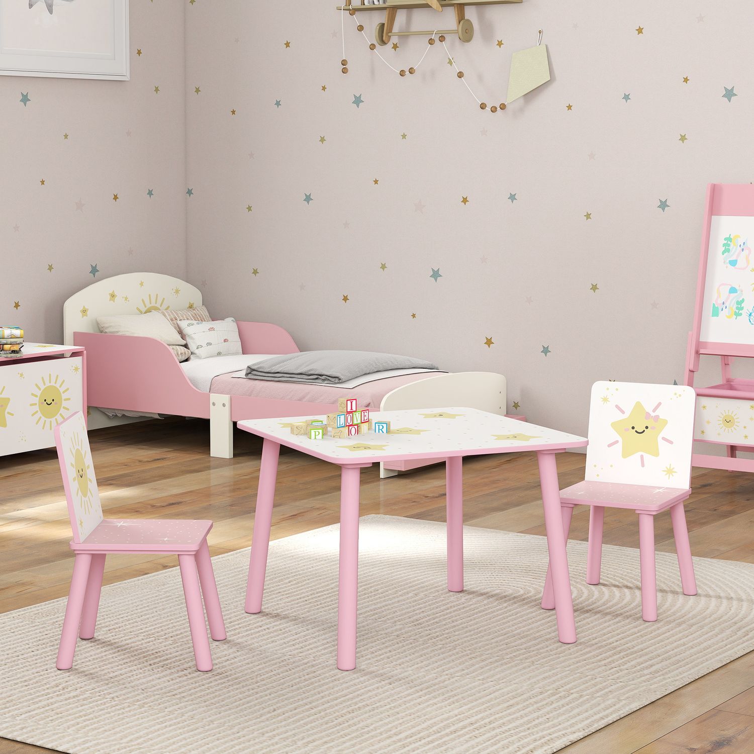 Set arredo cameretta con tavolo e 2 sedie, altezza adatta per bambini da 3-8 anni con fantasia a stelle, rosa - 