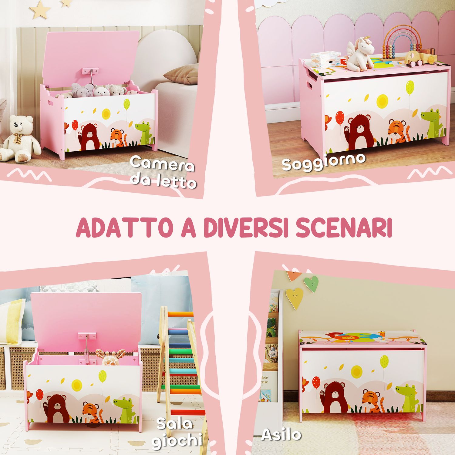Baule portagiochi per bambini con cerniere di sicurezza in legno con disegni di animali, 60x37x39 cm, rosa - 