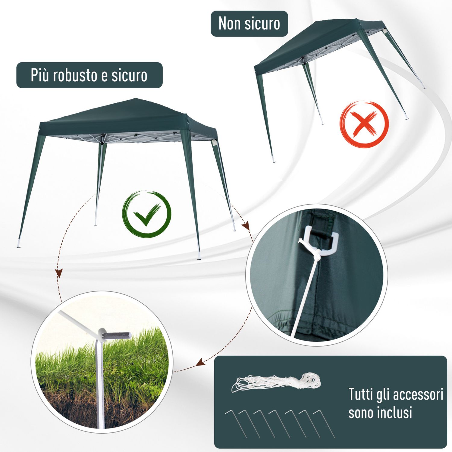 Gazebo pieghevole da giardino 2.4x2.4m con struttura in acciaio e corde antivento, verde - 