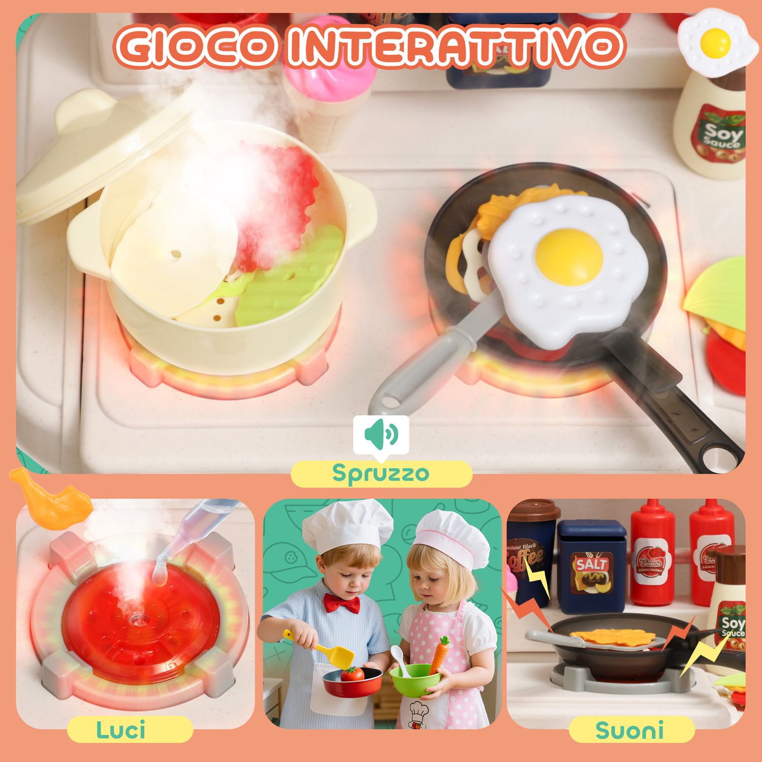Cucina giocattolo per bambini 3-6 anni con 92 accessori, in pp, pe e abs, 44.5x24x79 cm, verde - 