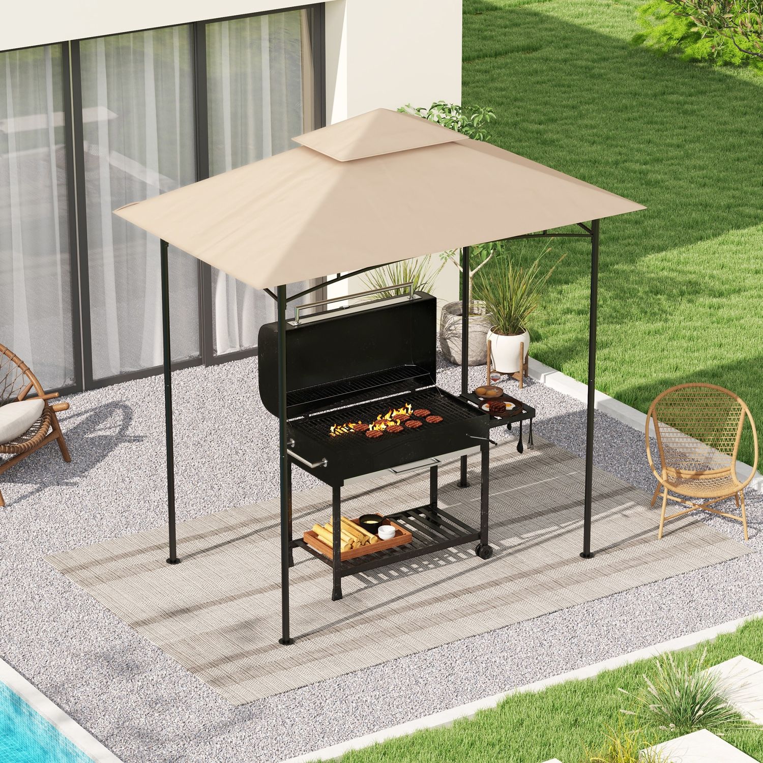 Copertura per gazebo da giardino per barbecue 1.52x2.44 m a 2 livelli in poliestere 160gsm beige - 