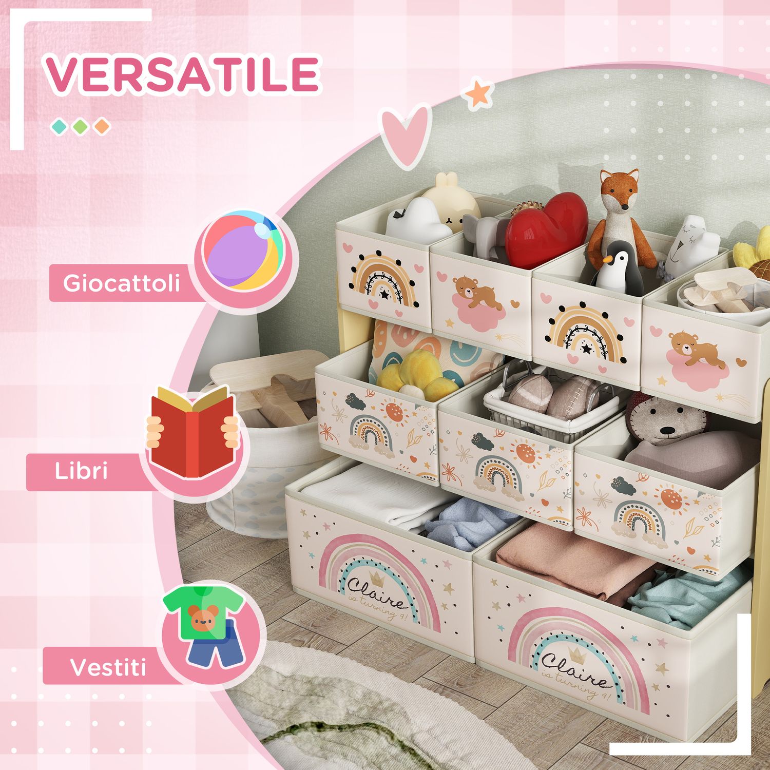 Mobile portagiochi per bambini a 3 livelli con 9 contenitori in tessuto, 93x30x70 cm, giallo - 