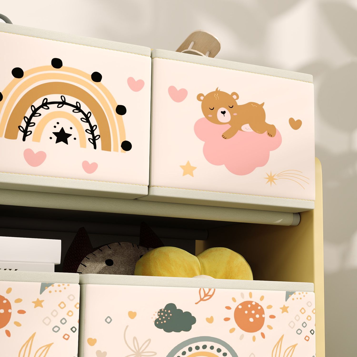 Mobile portagiochi per bambini a 3 livelli con 9 contenitori in tessuto, 93x30x70 cm, giallo - 