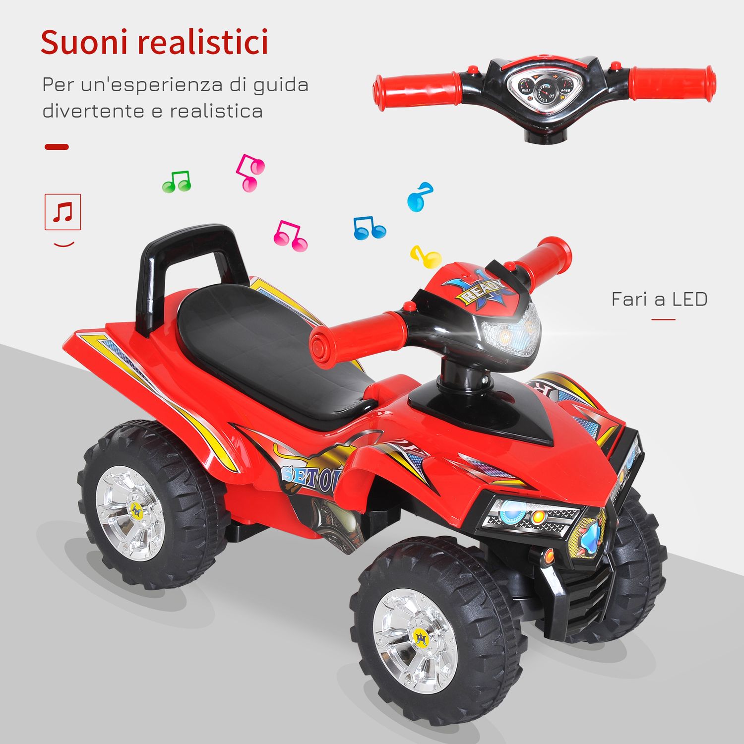 Quad giocattolo per bambini con clacson, musica e luci, 60x38x42 cm, in pp rosso - 