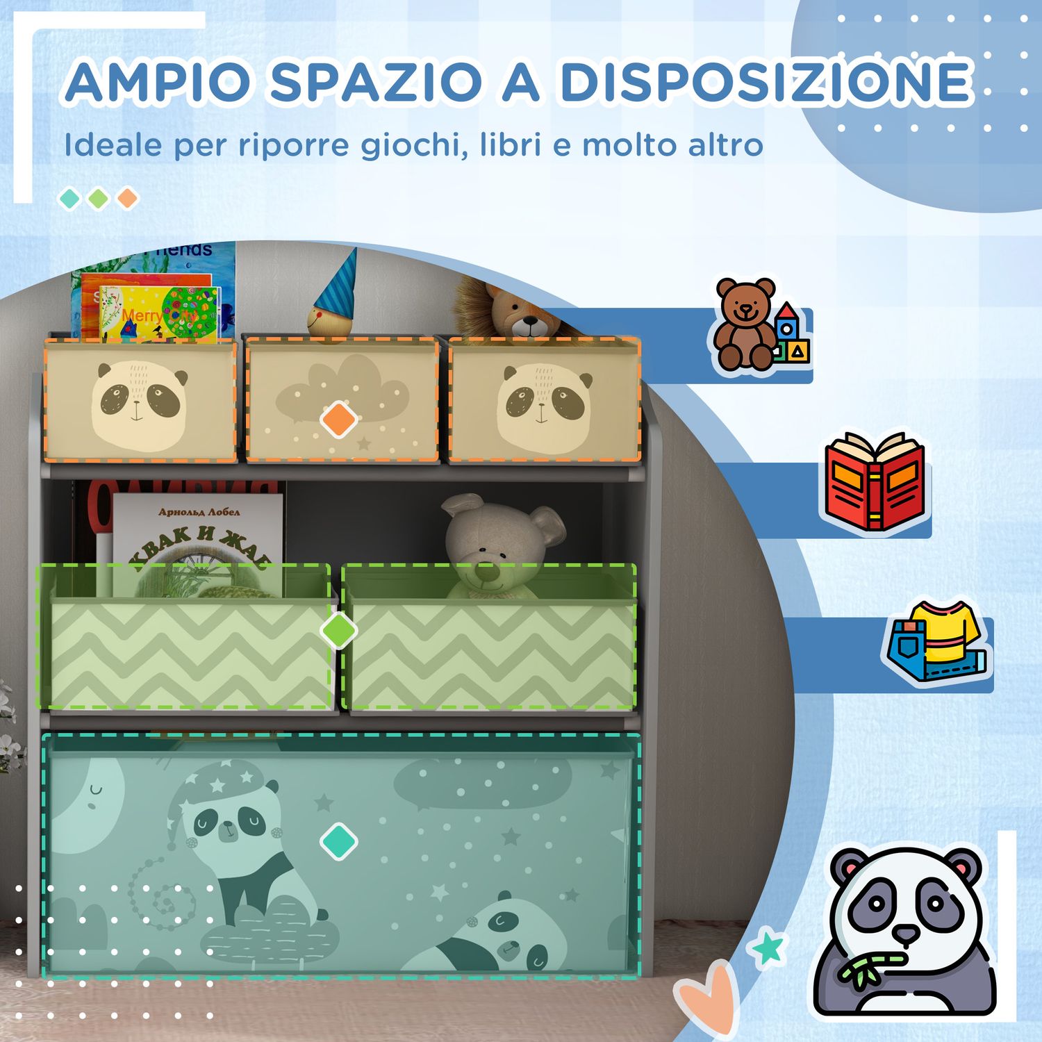 Scaffale portagiochi per bambini con 6 contenitori rimovibili in tessuto, 63x30x66cm, grigio - 