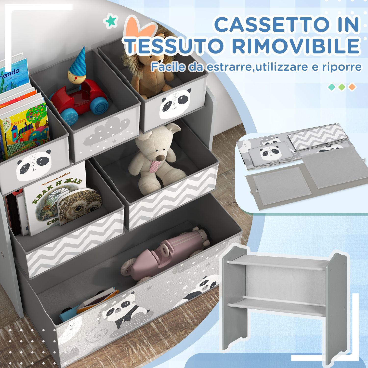 Scaffale portagiochi per bambini con 6 contenitori rimovibili in tessuto, 63x30x66cm, grigio - 