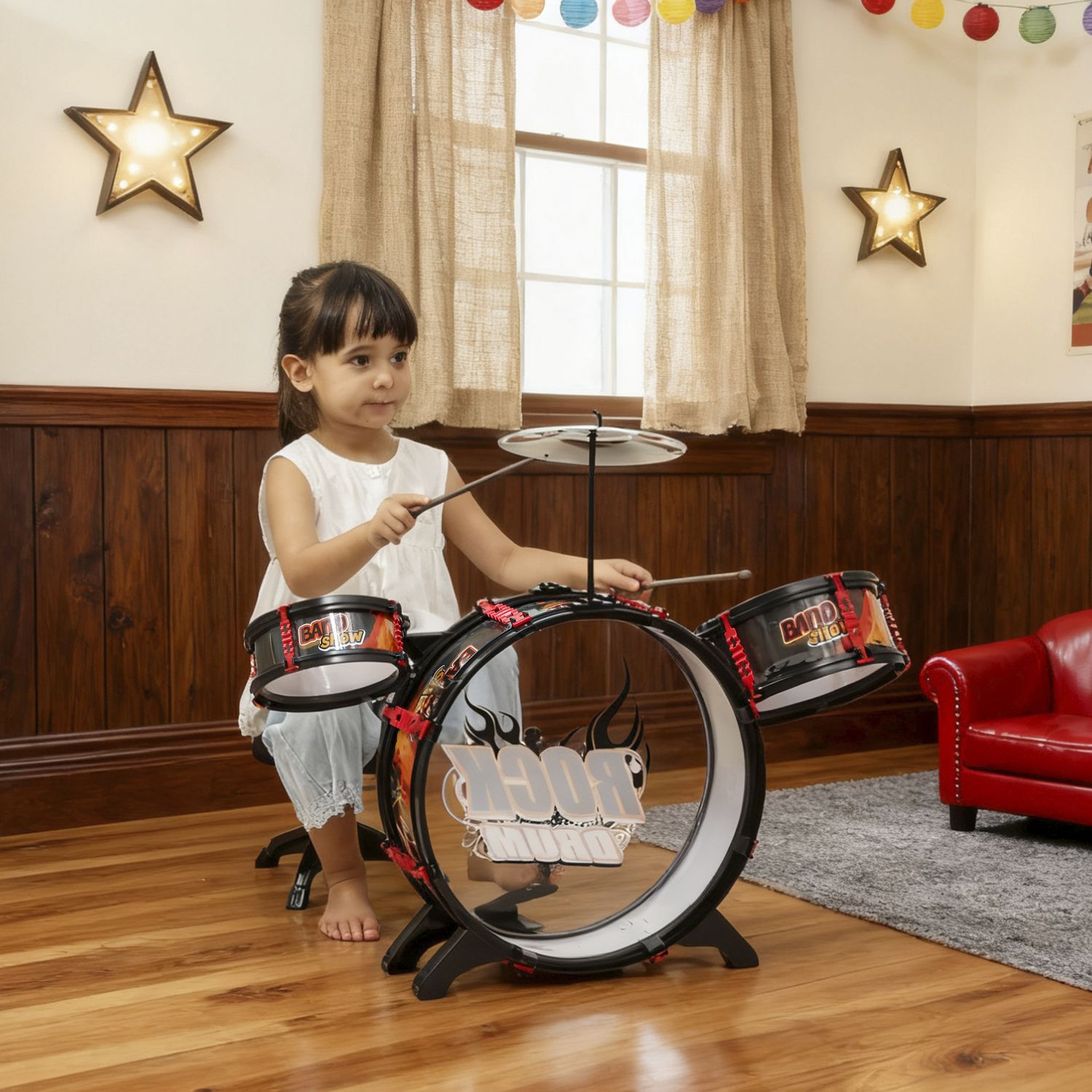 Set batteria giocattolo per bambini con sgabello, gioco musicale per bambini 3-6 anni, nero - 