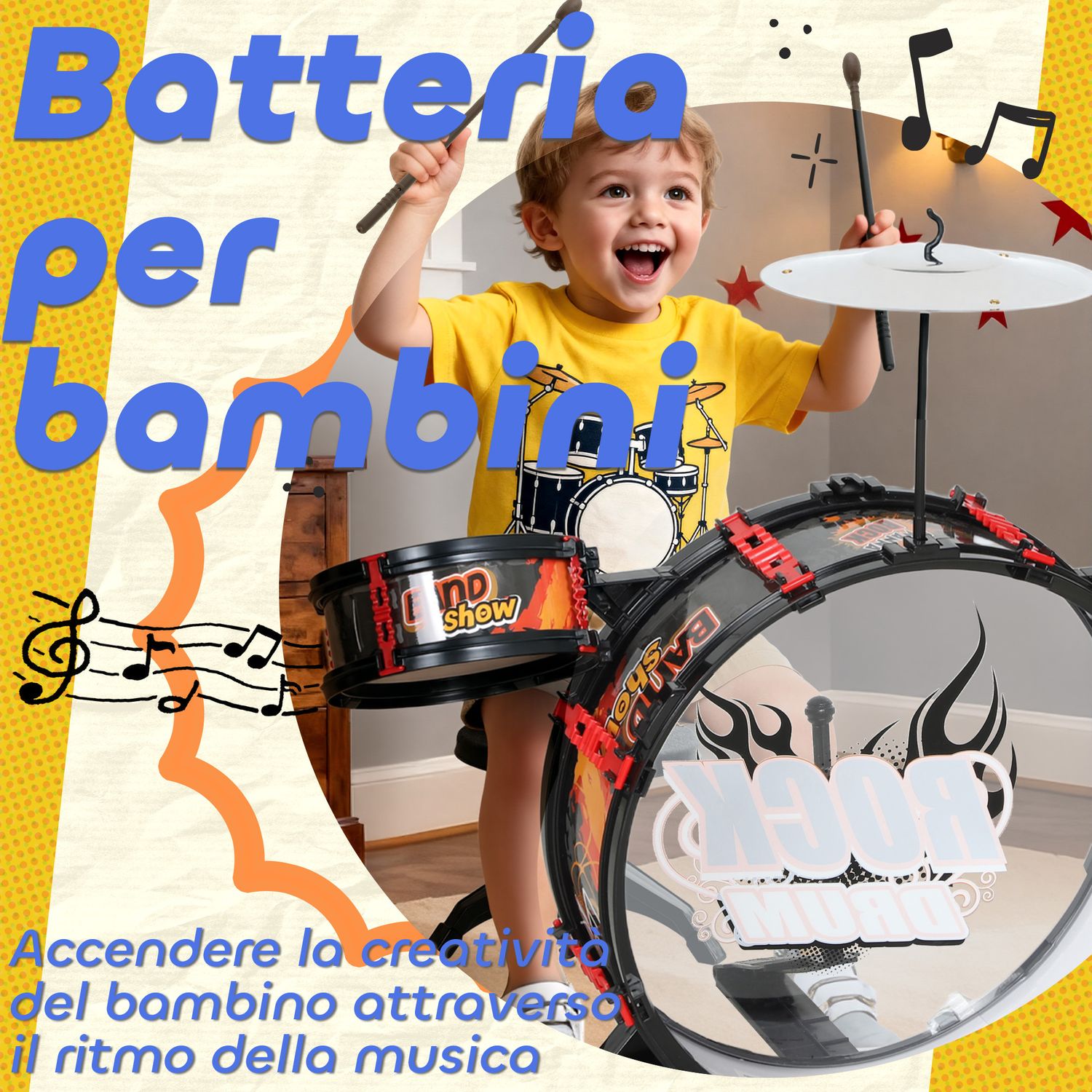 Set batteria giocattolo per bambini con sgabello, gioco musicale per bambini 3-6 anni, nero - 