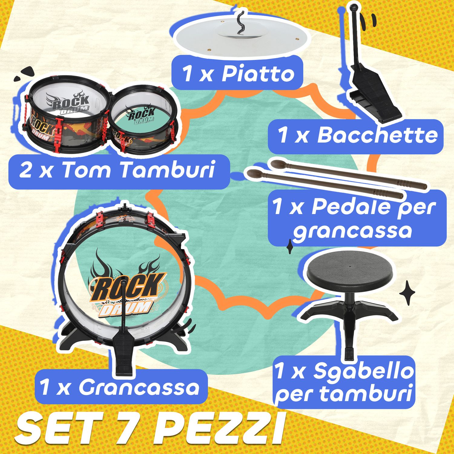 Set batteria giocattolo per bambini con sgabello, gioco musicale per bambini 3-6 anni, nero - 