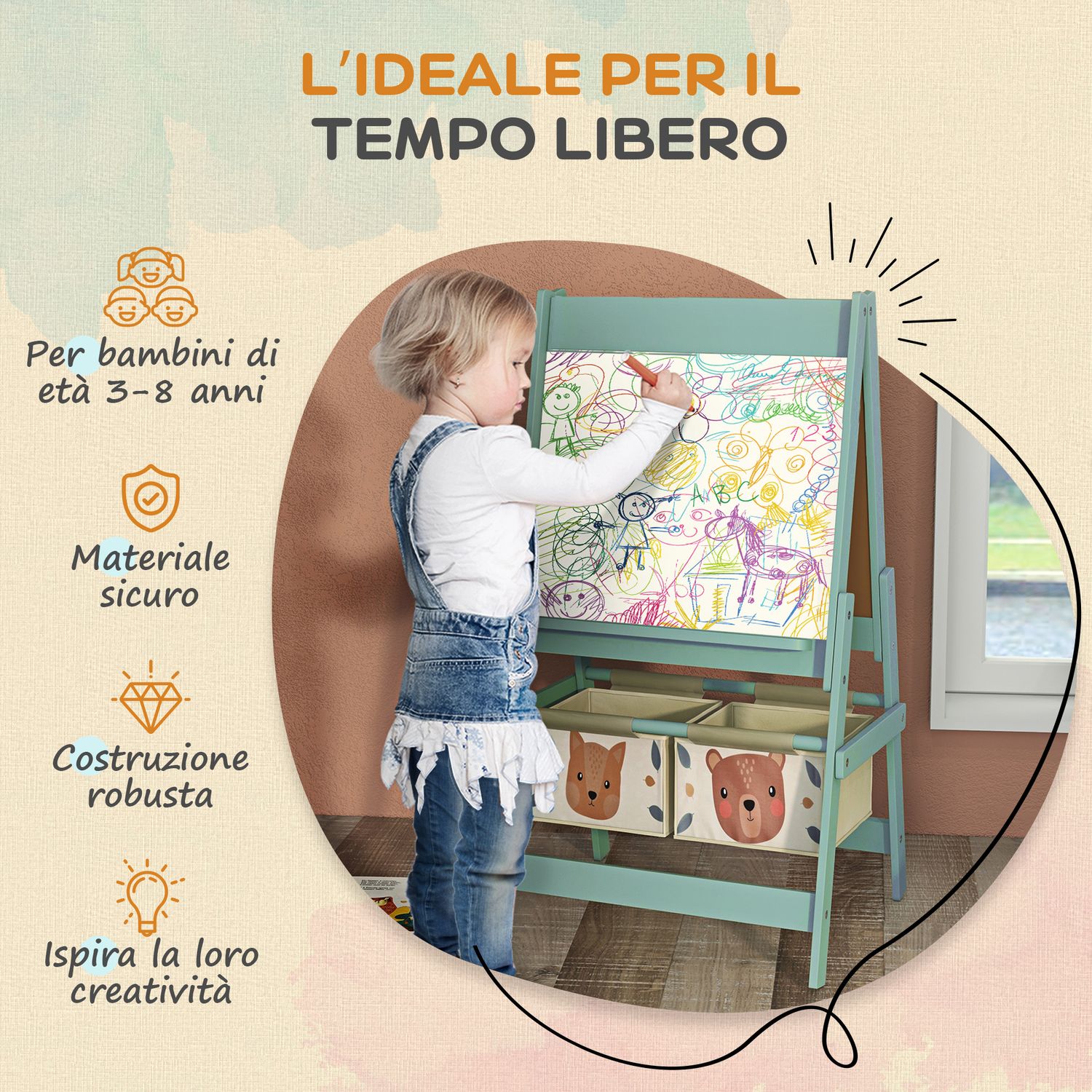 Lavagna per bambini con cavalletto 3 in 1 e 2 contenitori, età 3-8 anni, 54x46.5x93cm, verde - 