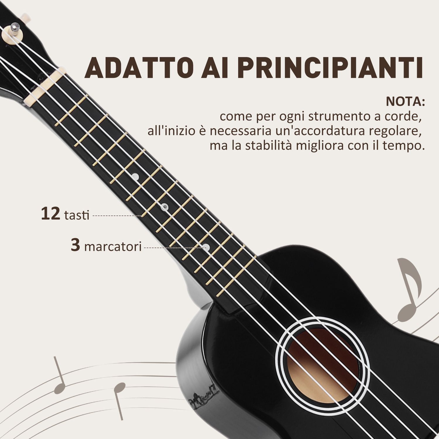 Ukulele per principianti da 21 pollici in legno con corde in nylon, plettro e corda di ricambio, nero - 