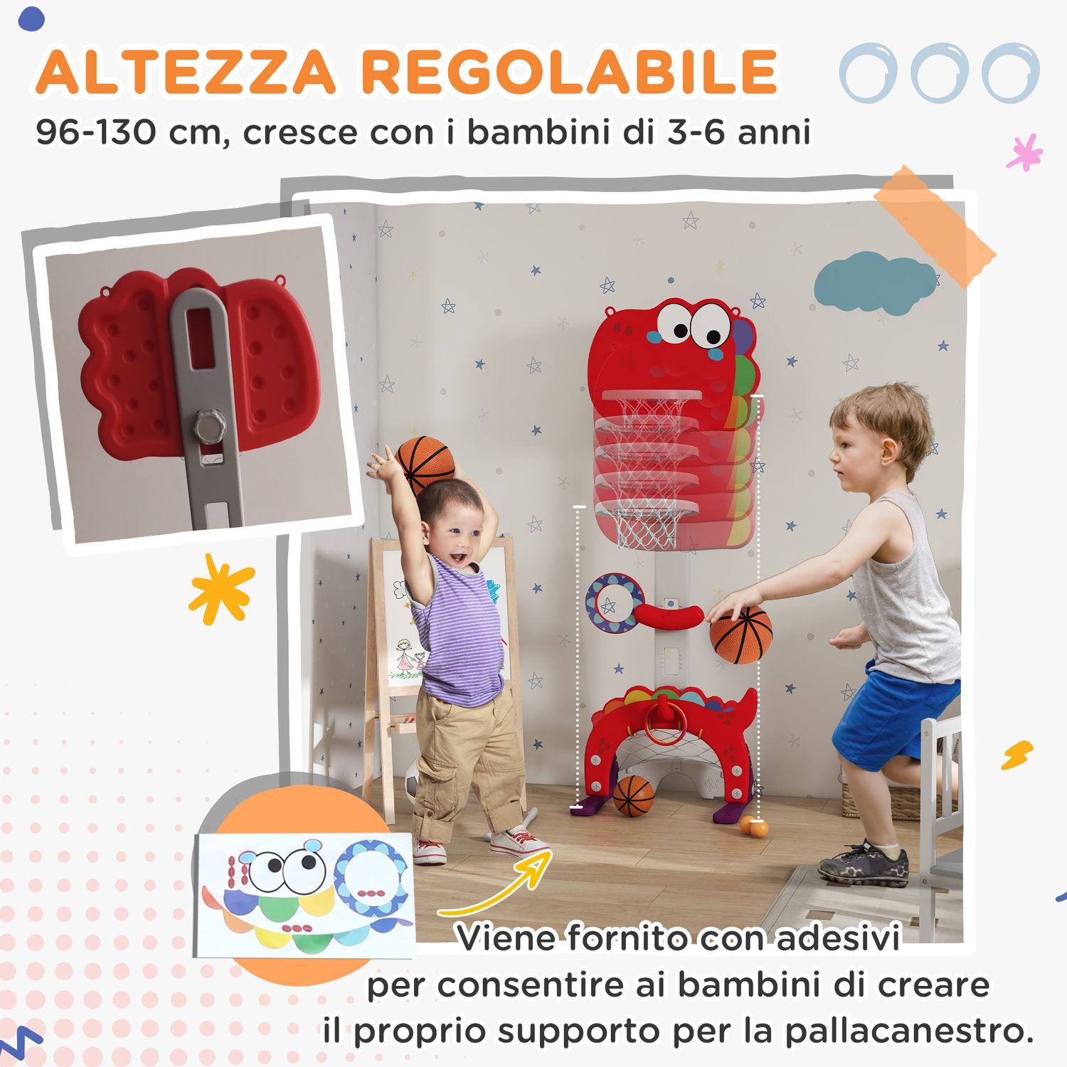 Canestro basket per bambini 5 in 1 con altezza regolabile, porta da calcio e golf, età 3-6 anni, rosso - 