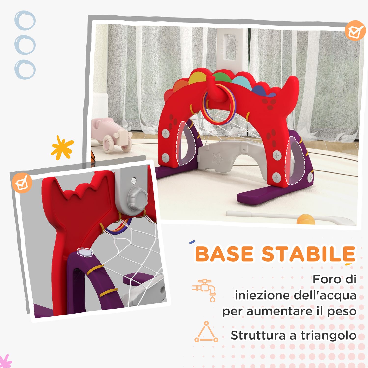 Canestro basket per bambini 5 in 1 con altezza regolabile, porta da calcio e golf, età 3-6 anni, rosso - 