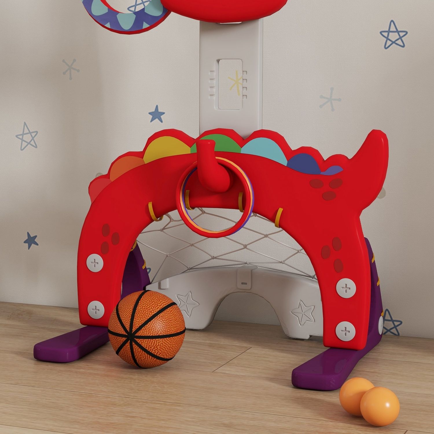 Canestro basket per bambini 5 in 1 con altezza regolabile, porta da calcio e golf, età 3-6 anni, rosso - 