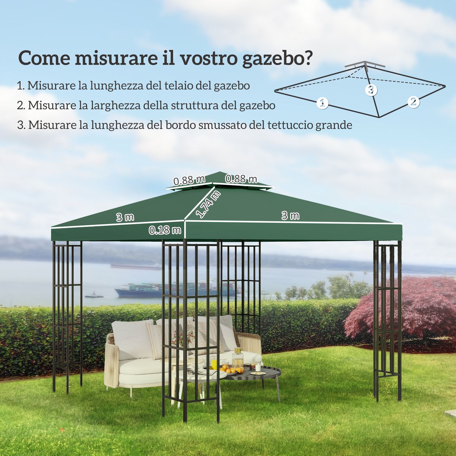 Copertura telo per gazebo da giardino 3x3 m, tetto anti-uv impermeabile in poliestere verde scuro - 