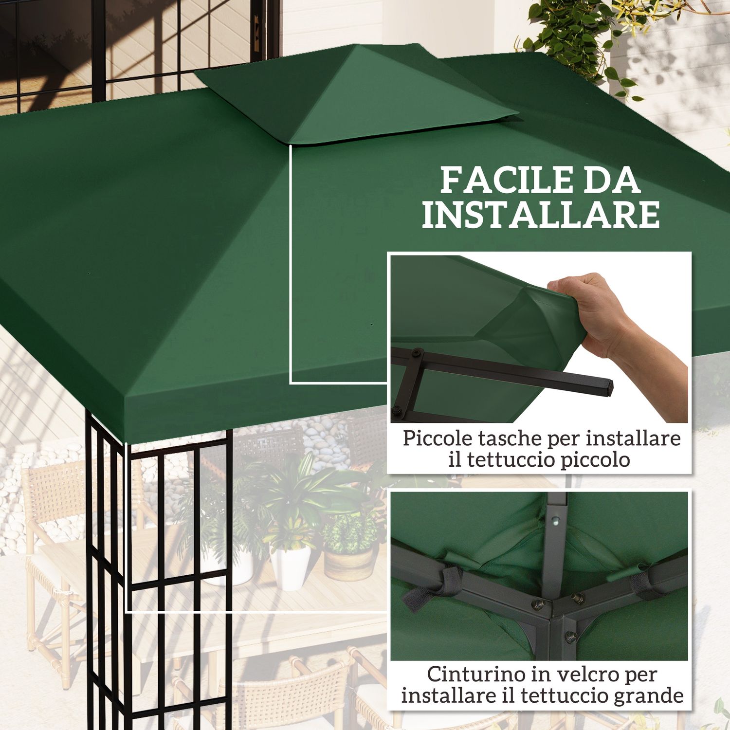 Copertura telo per gazebo da giardino 3x3 m, tetto anti-uv impermeabile in poliestere verde scuro - 