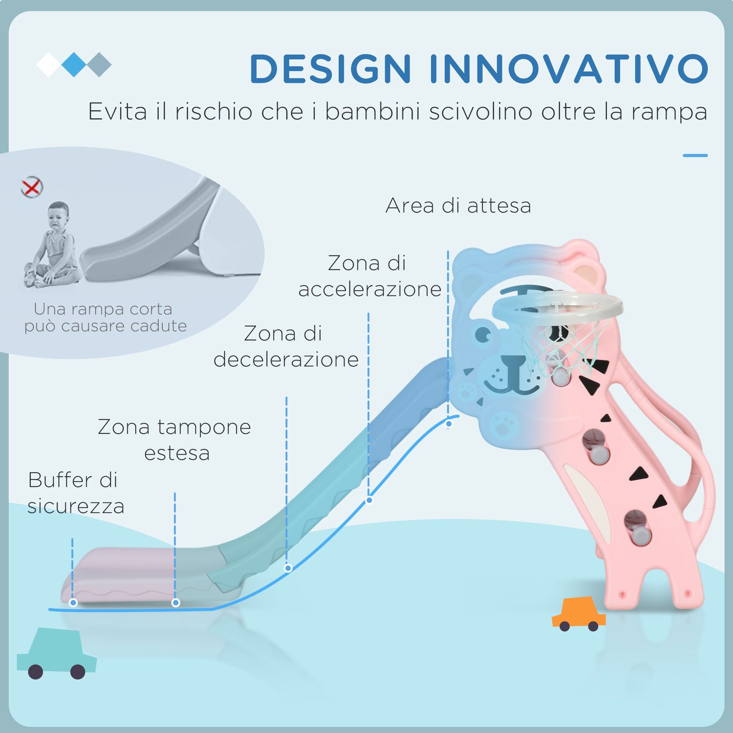 Scivolo per bambini 18-36 mesi con canestro da basket laterale, in plastica, 133x60x70 cm, rosa e grigio - 