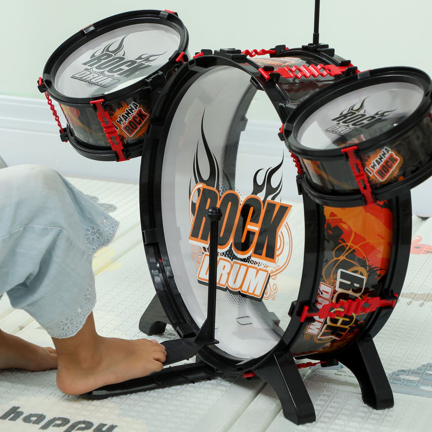 Set batteria giocattolo per bambini con sgabello, gioco musicale per bambini 3-6 anni, nero - 