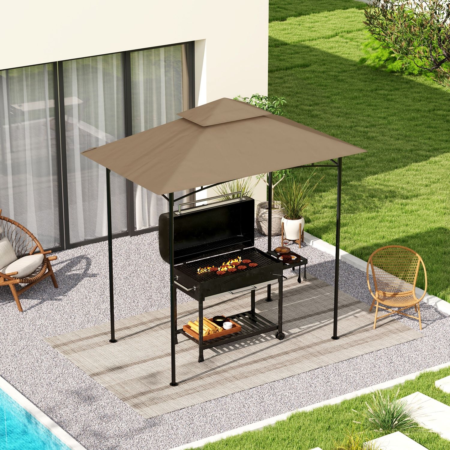 Copertura per gazebo da giardino per barbecue 1.52x2.44 m a 2 livelli in poliestere 160gsm cachi - 