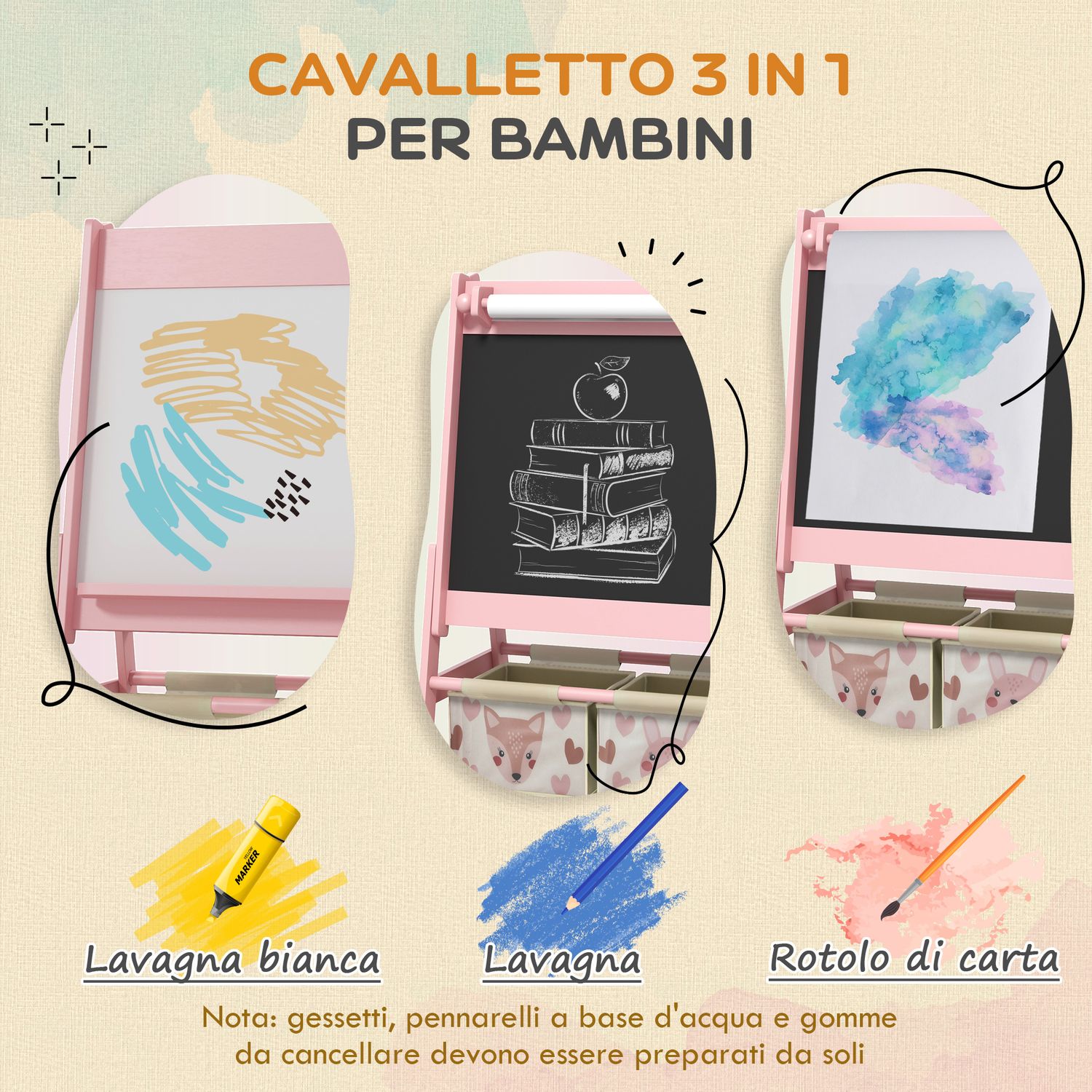 Lavagna per bambini con cavalletto 3 in 1 e 2 contenitori, età 3-8 anni, 54x46.5x93cm, rosa - 
