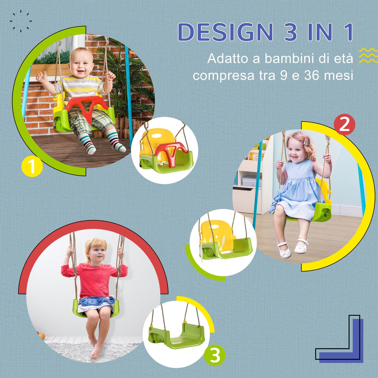 Altalena per bambini 9-36 mesi in pp e pe con corda regolabile e cintura, 42x33x120-180 cm - 