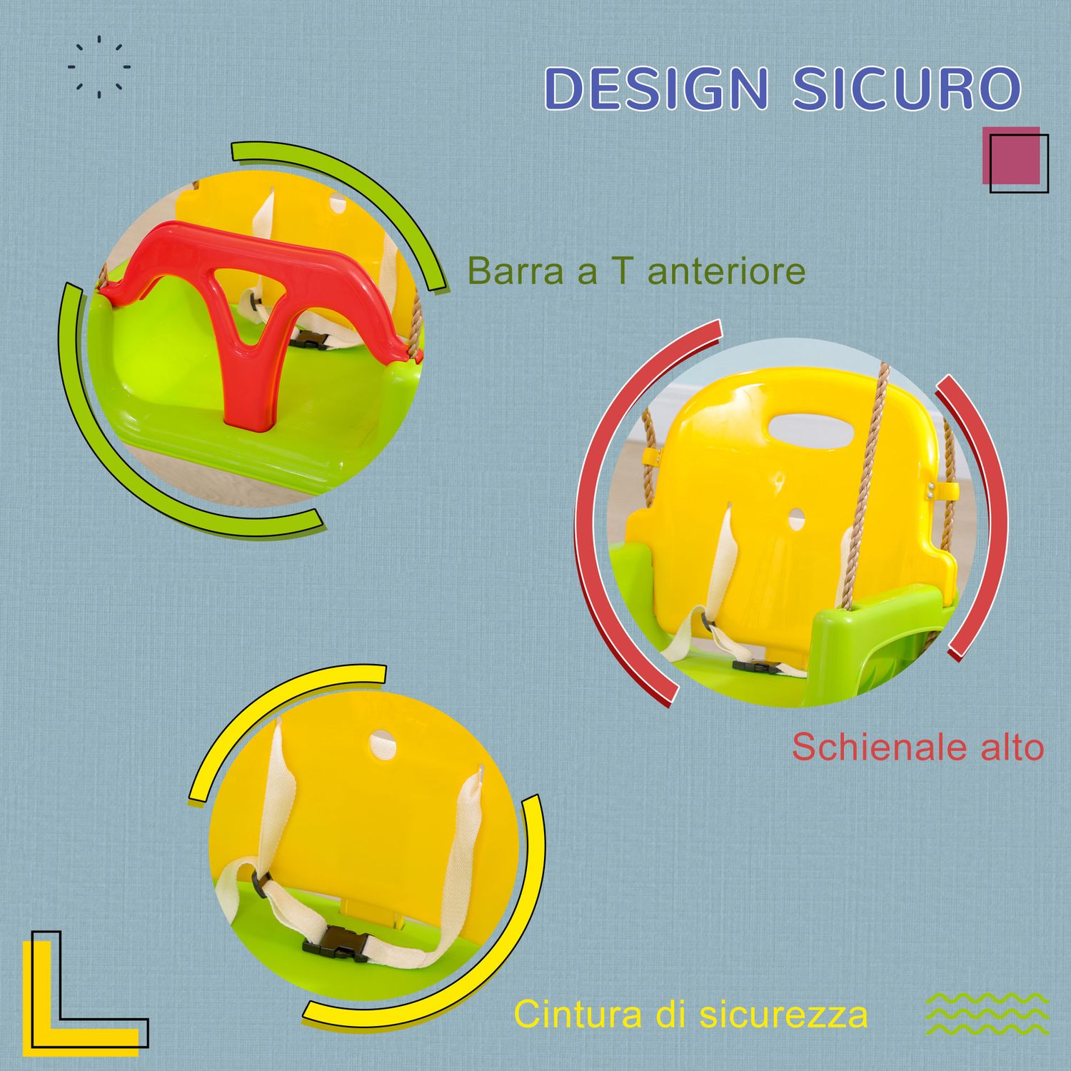 Altalena per bambini 9-36 mesi in pp e pe con corda regolabile e cintura, 42x33x120-180 cm - 