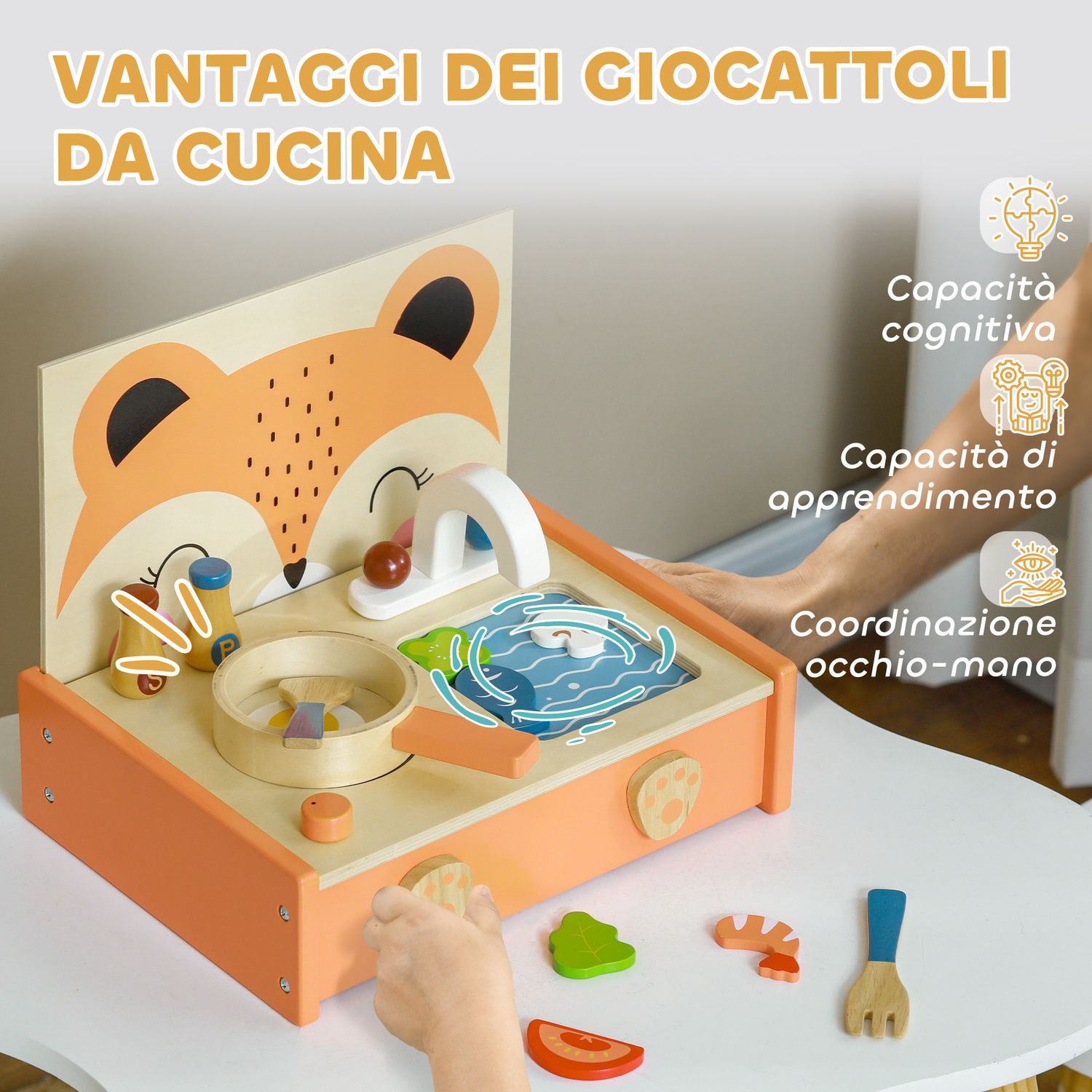 Cucina giocattolo per bambini 3-5 anni con fornello e 12 accessori in legno, multicolore - 