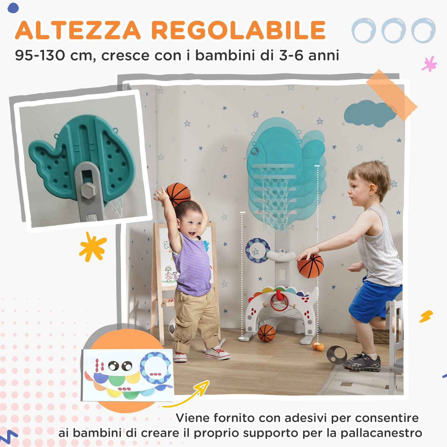 Canestro basket per bambini 5 in 1 con altezza regolabile, porta da calcio e golf, età 3-6 anni - 