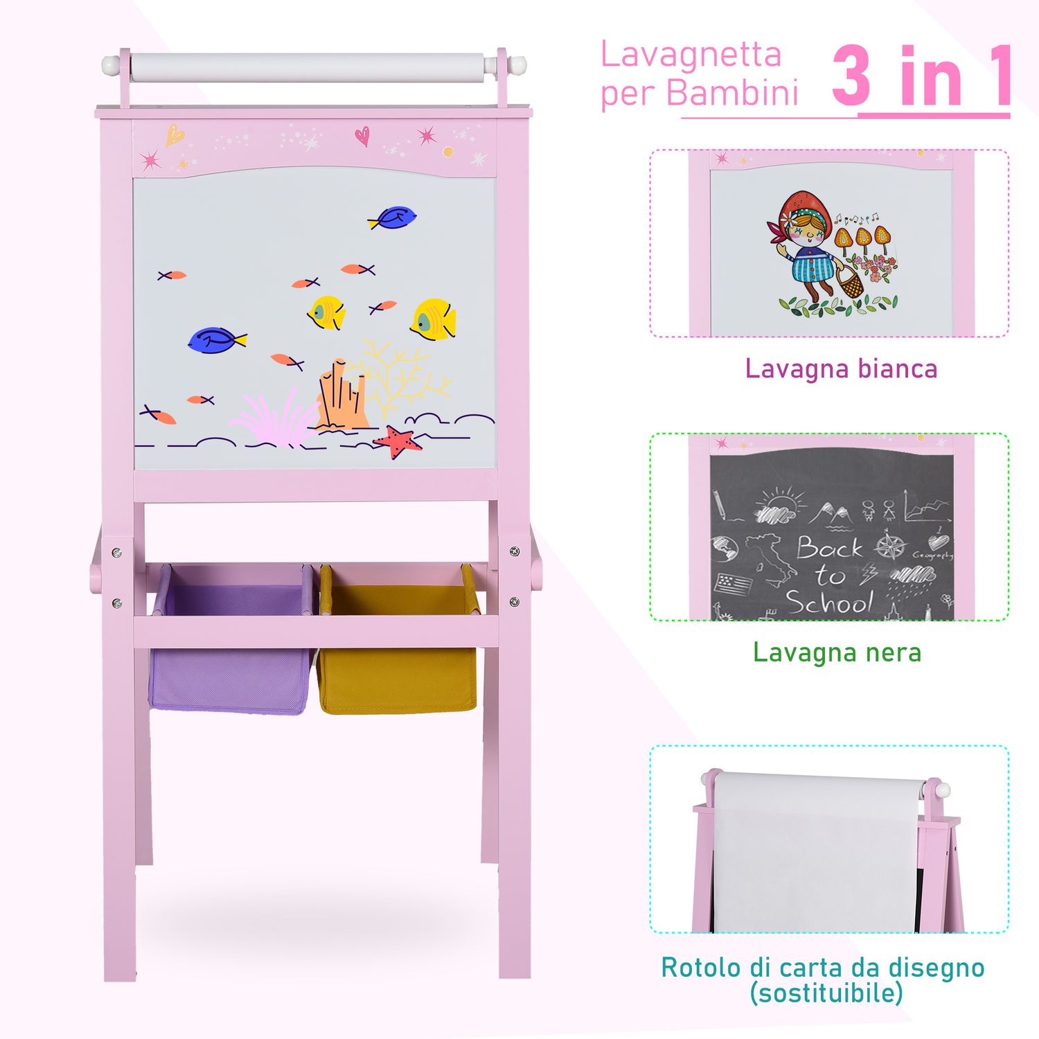 Lavagnetta per bambini in legno rosa con cavalletto 3 in 1: lavagna bianca, nera e con rullo fogli di carta - 