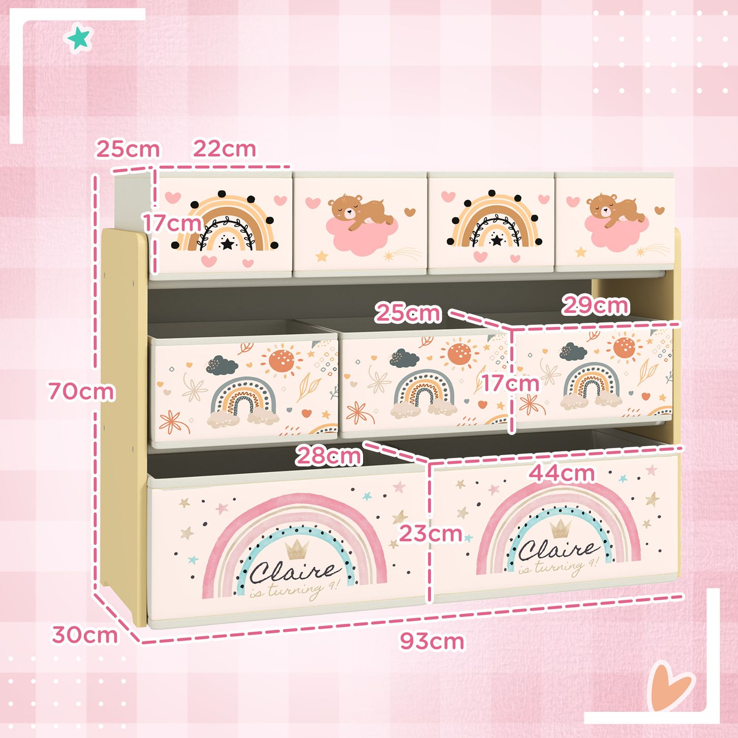 Mobile portagiochi per bambini a 3 livelli con 9 contenitori in tessuto, 93x30x70 cm, giallo - 