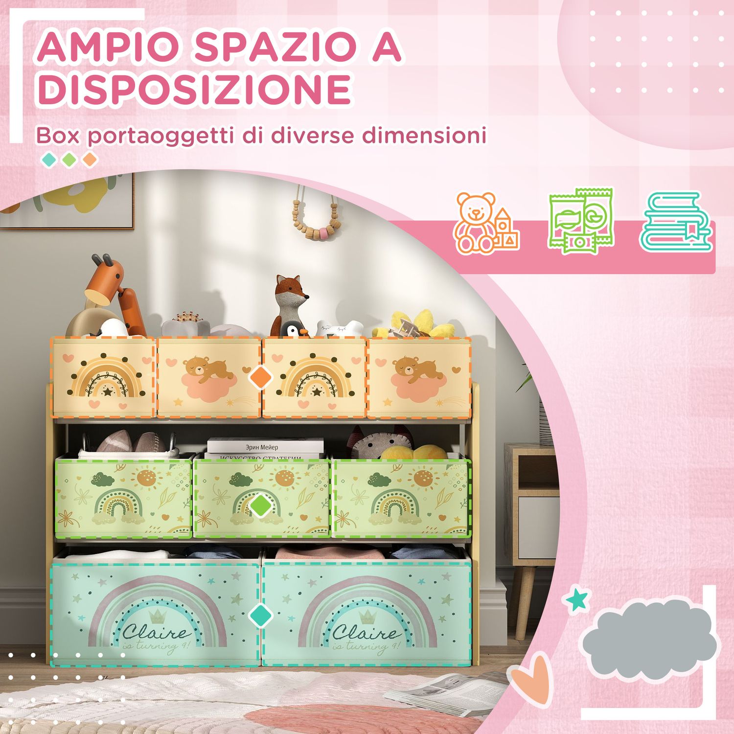 Mobile portagiochi per bambini a 3 livelli con 9 contenitori in tessuto, 93x30x70 cm, giallo - 