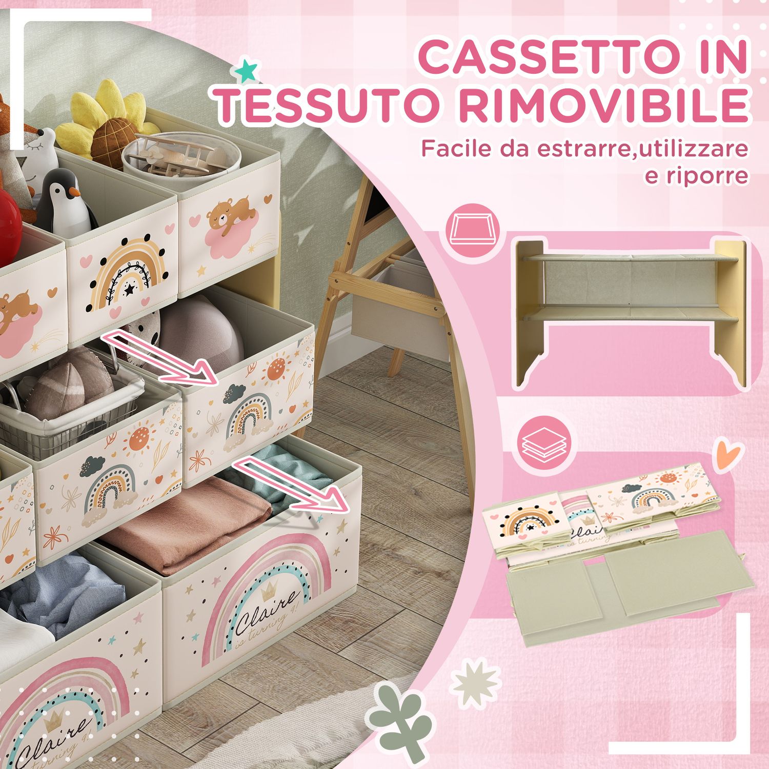 Mobile portagiochi per bambini a 3 livelli con 9 contenitori in tessuto, 93x30x70 cm, giallo - 
