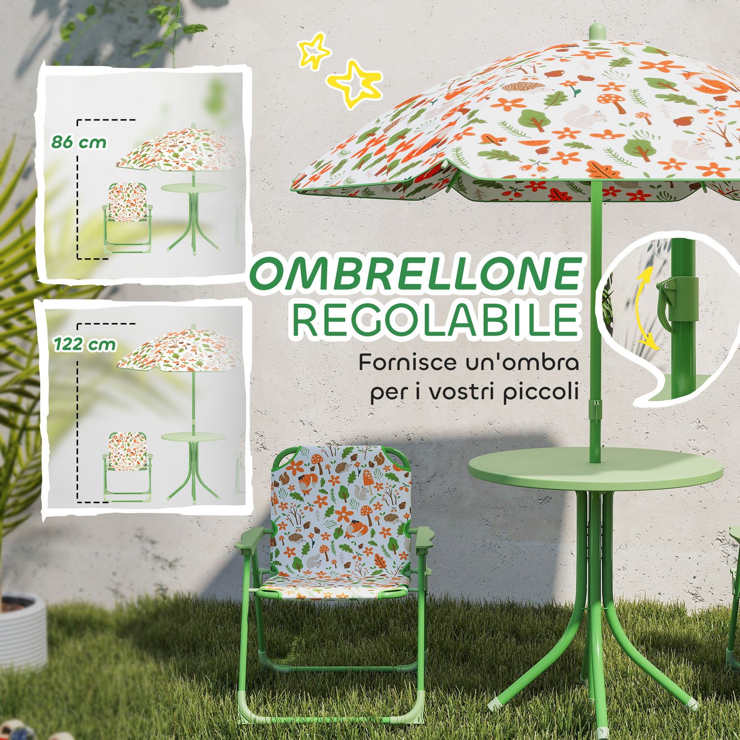 Set da giardino per bambini 2-5 anni con tavolino rotondo, 2 sedie pieghevoli e un ombrellone, verde - 