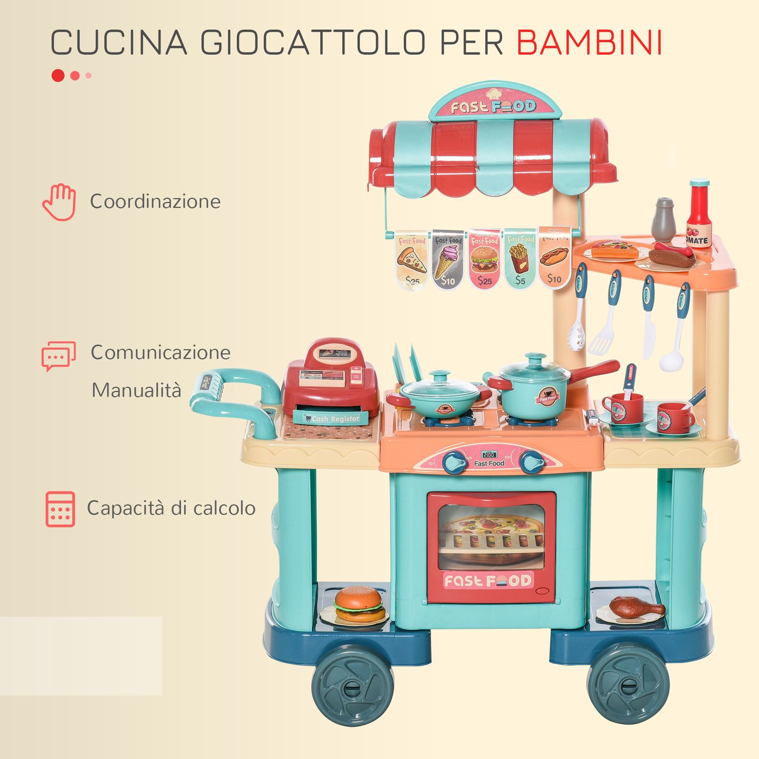 Cucina giocattolo per bambini 3-6 anni, caffetteria ristorante con 50 accessori inclusi, 79.5 x 33 x 90.5cm - 