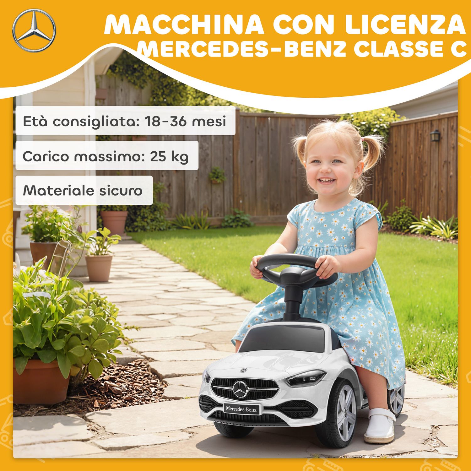 Macchina per bambini licenza mercedes benz con clacson e spazio portaoggetti, 65x28x39 cm, bianco - 