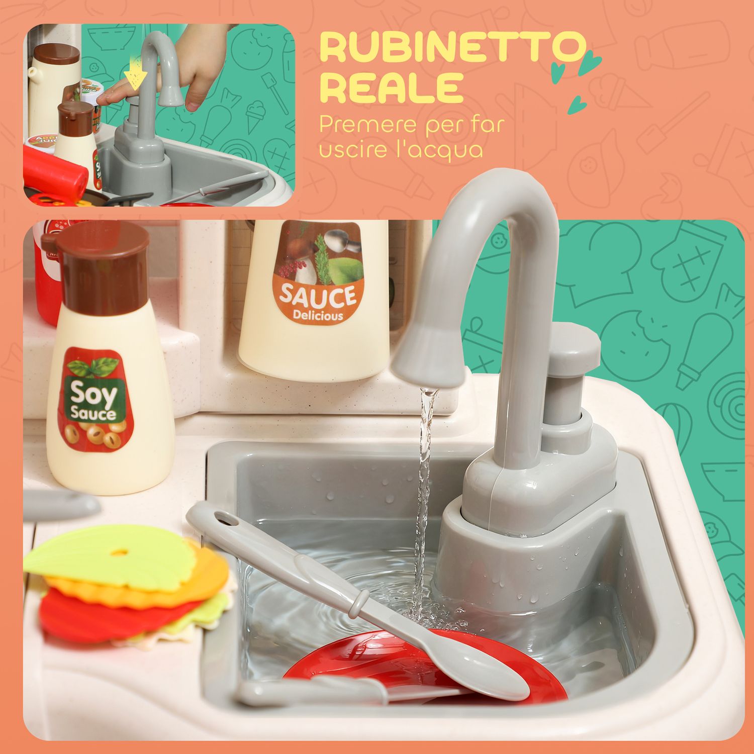 Cucina giocattolo per bambini 3-6 anni con 92 accessori, in pp, pe e abs, 44.5x24x79 cm, verde - 