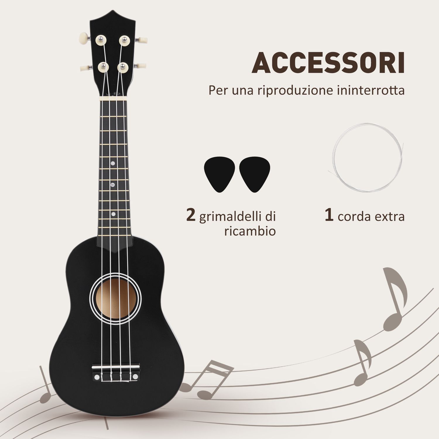 Ukulele per principianti da 21 pollici in legno con corde in nylon, plettro e corda di ricambio, nero - 