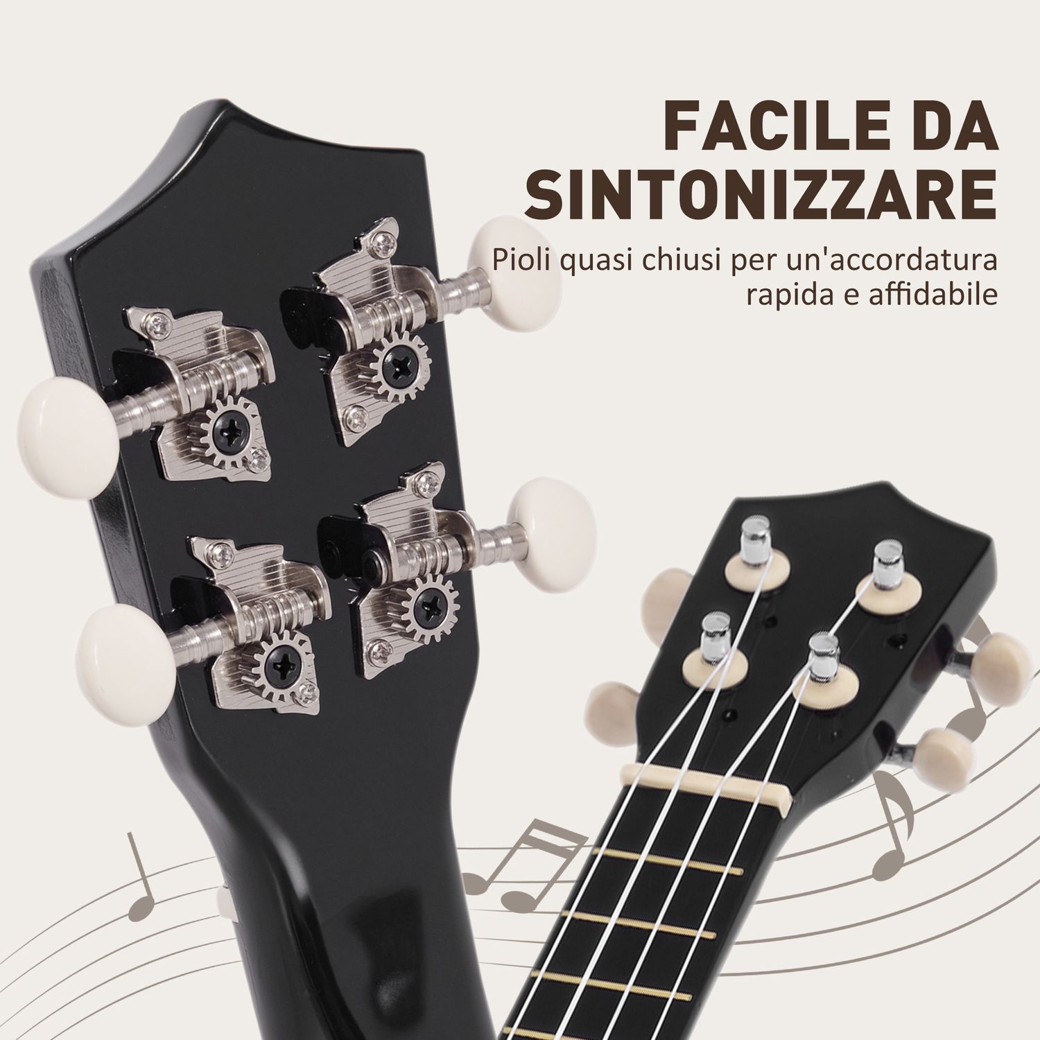 Ukulele per principianti da 21 pollici in legno con corde in nylon, plettro e corda di ricambio, nero - 