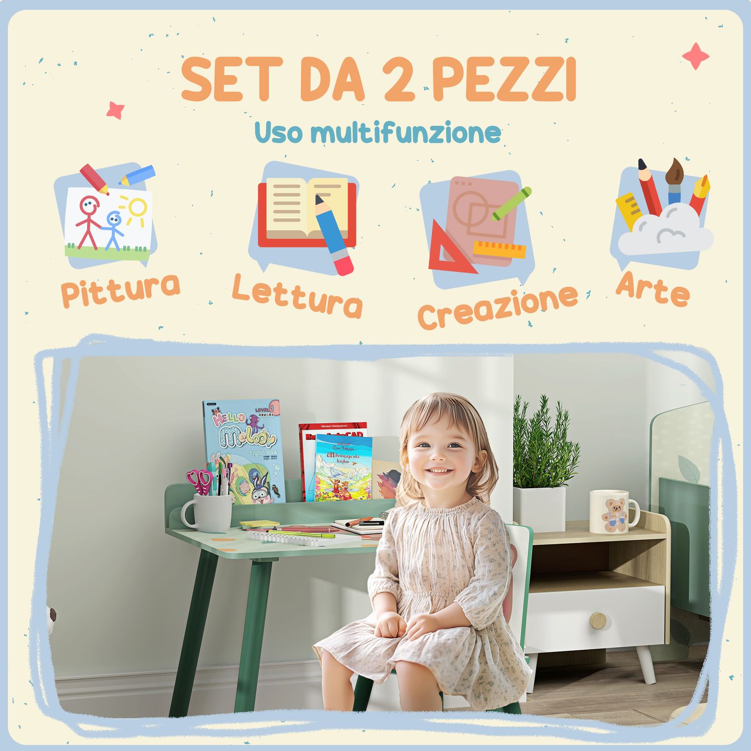 Set sedia e tavolino per bambini con ripiano portaoggetti, in mdf e legno di pino, verde - 