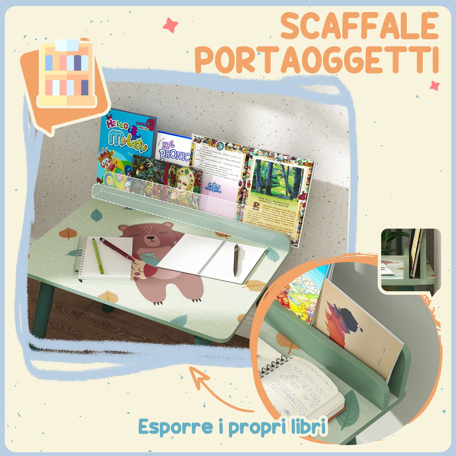 Set sedia e tavolino per bambini con ripiano portaoggetti, in mdf e legno di pino, verde - 