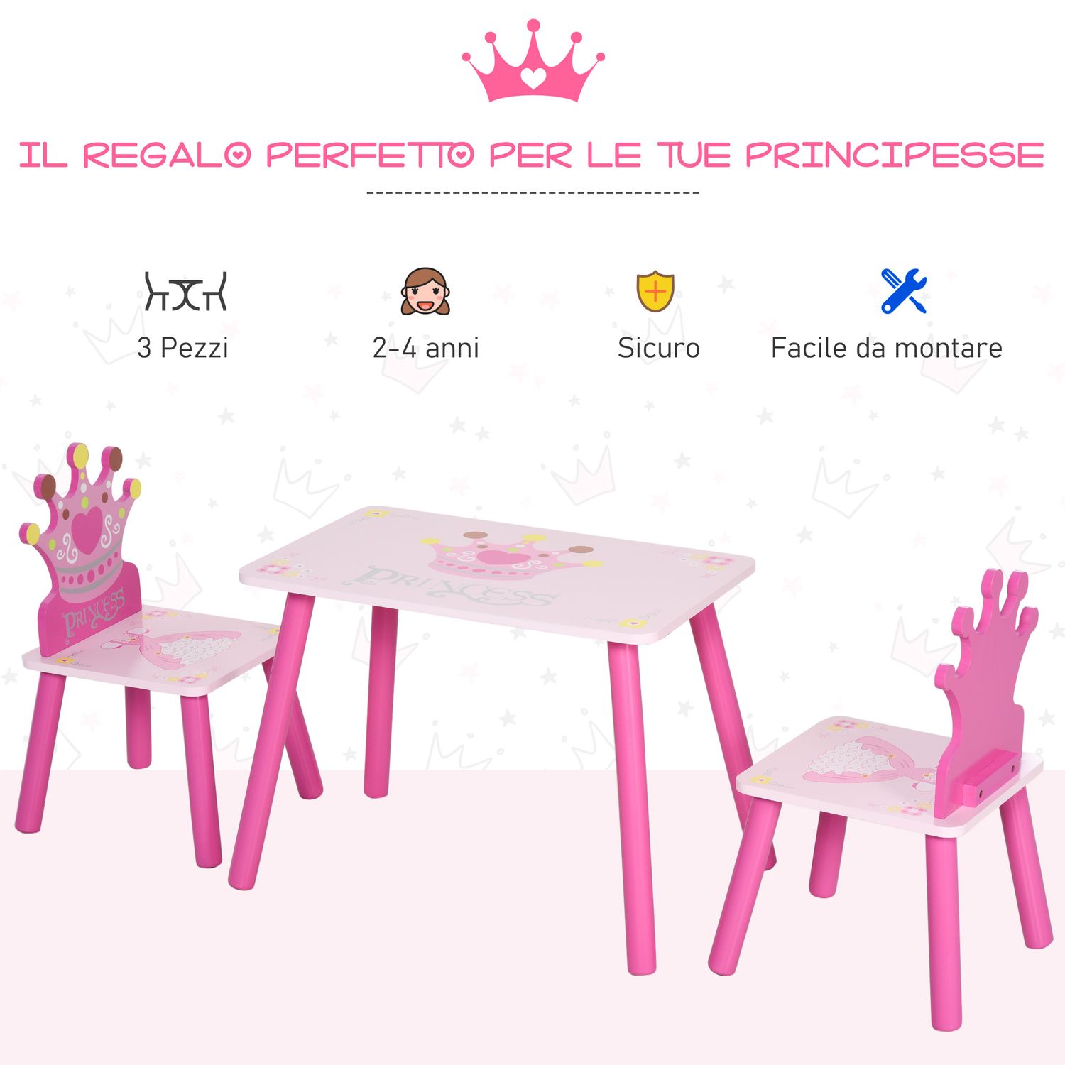 Set tavolo e 2 sedie a tema principesse per cameretta bambini in legno rosa con schienale a forma di corona - 
